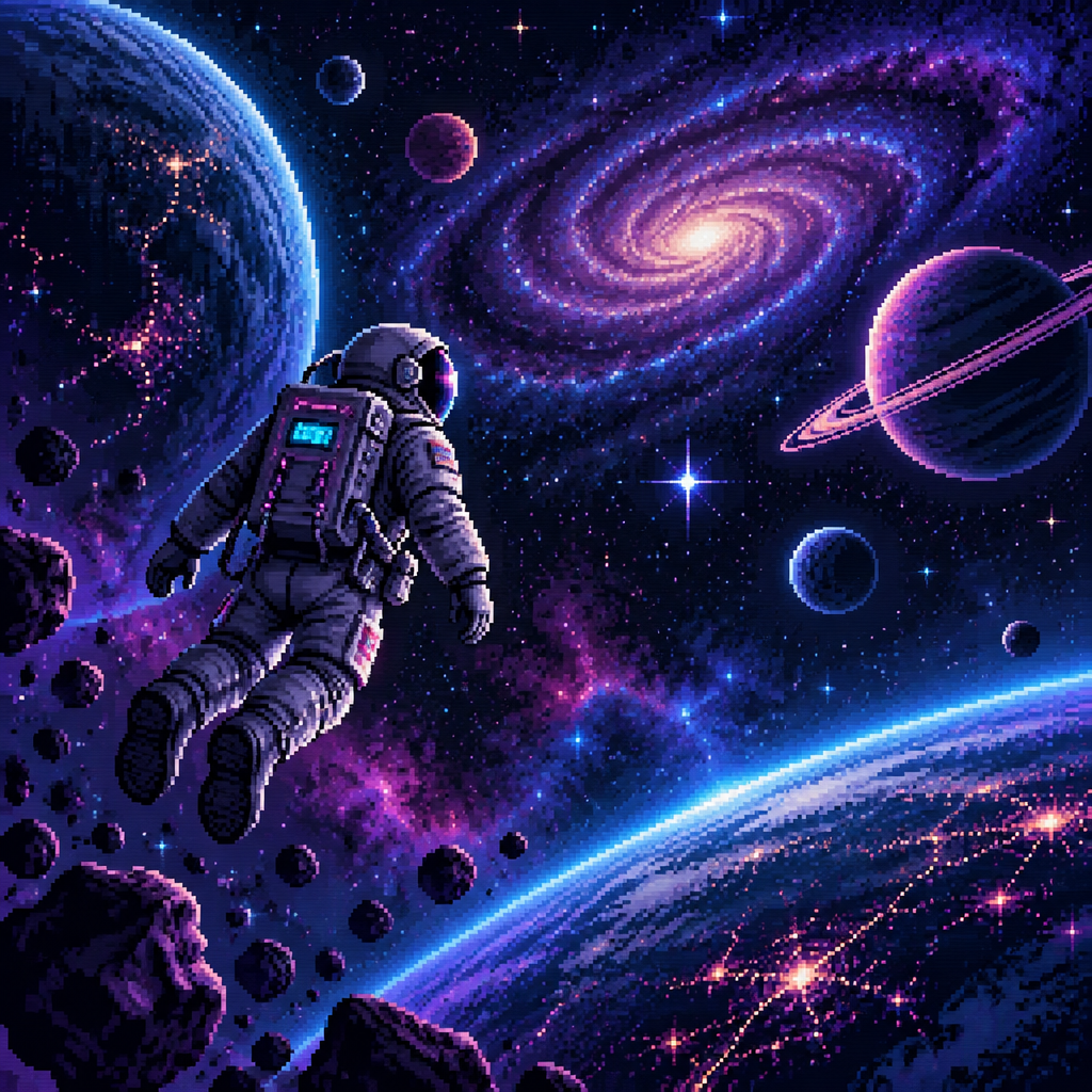 An astronaut floats in the vastness of space, surrounded by shimmering stars and distant planets, each rendered with intricate detail. The scene captures a sense of solitude, highlighting the astronaut's isolation as he drifts in the cosmic expanse. The backdrop features a rich tapestry of colors, with vibrant blues and purples fading into serene blacks, dotted with twinkling white stars and colorful celestial bodies. The emotional atmosphere is one of tranquility mixed with introspection, evoking a sense of wonder and the infinite possibilities of the universe. The style is detailed pixel art, meticulously crafted with small squares to create a vivid and nostalgic image reminiscent of classic video games, showcasing the astronaut's suit and the surrounding space in a charmingly retro fashion. The pixel art technique emphasizes texture and depth while maintaining simplicity in form.