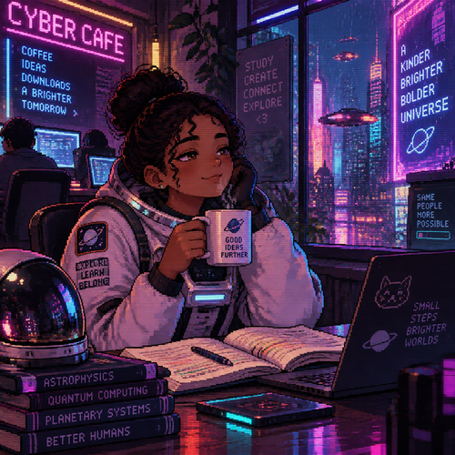 An young girl astronaut with brown skin relaxing with a coffee after studying in a cyber cafe