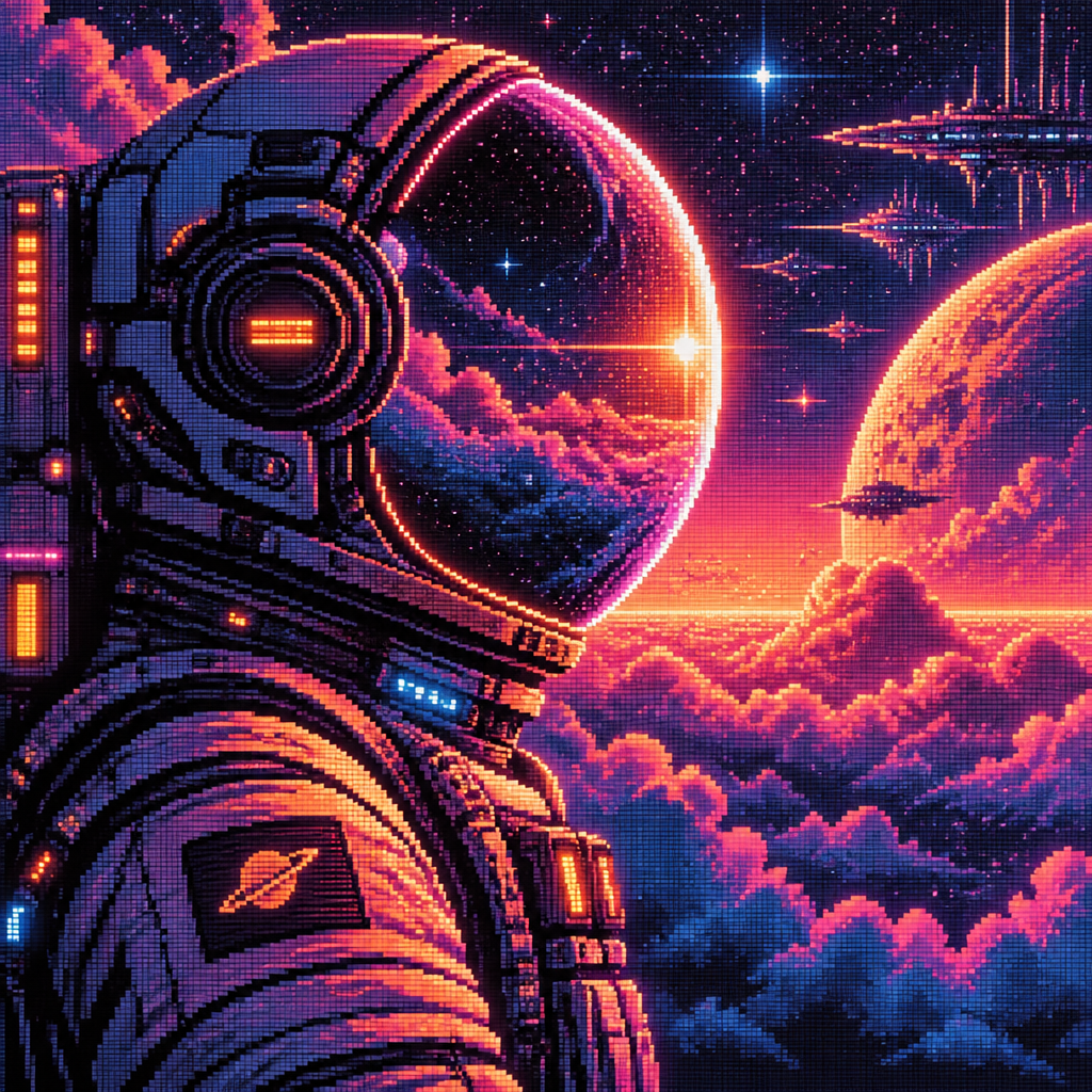 close-up profile of a faceless astronaut with a bubble helmet in front of clouds and stars in a detailed pixel art style. Colors are orange, pinks, blues and purples