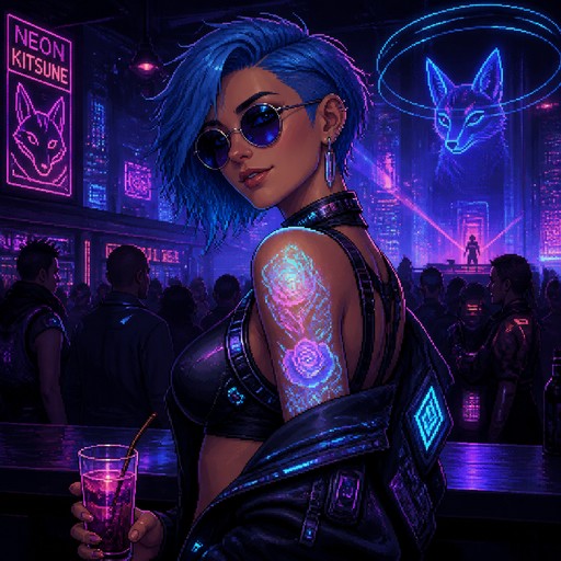 partygoer woman in a cyberpunk style with short blue hair, sunglasses. no tech on skin, but some tattos that glow and tech on her clothing.