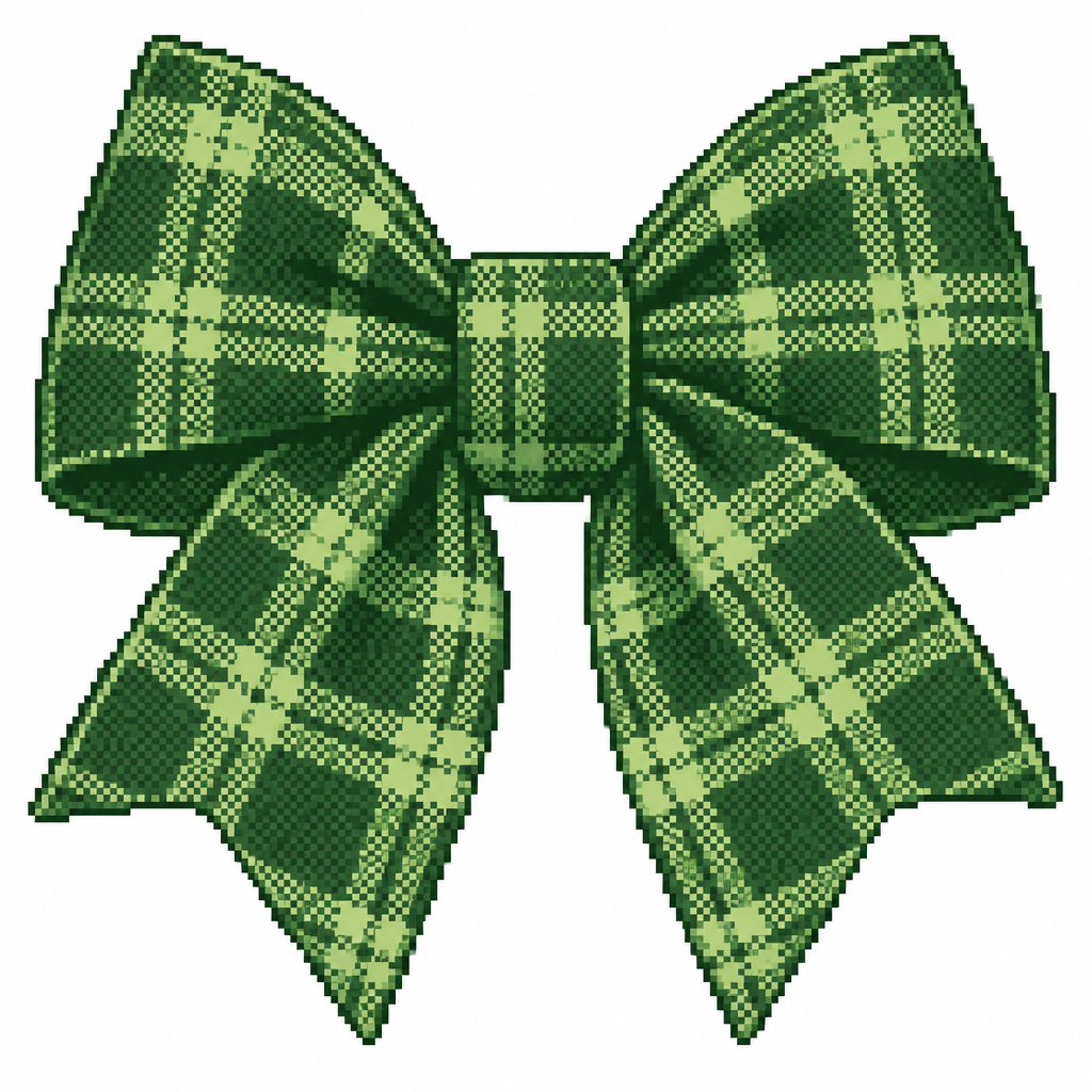 A tartan Christmas bow with sharply folded fabric and visible woven fibers. White background