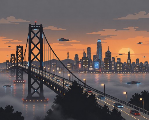 Pixel art of a suspension bridge and city skyline at sunset with traffic and boats