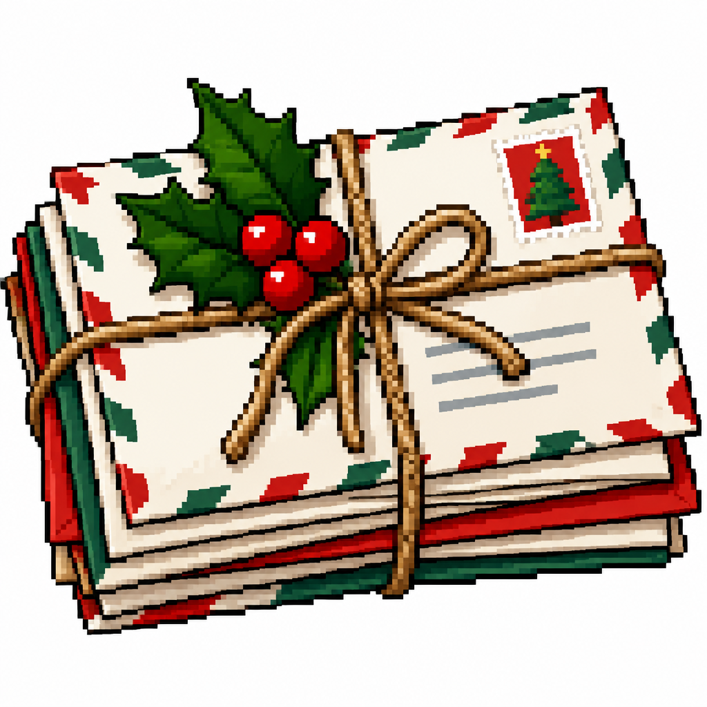 A bundle of Xmas letters tied with twine and an attached holly sprig. White background. High contrast