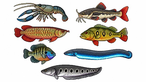 A 2D pixel art sprite sheet of vibrant summer freshwater fish for a cozy 16-bit fishing RPG, isolated on a pure solid white background #FFFFFF:

1. Species Included (Organized in an aligned grid):
   - Row 1: Giant River Prawn / Crayfish (blue-tinted pincers, curved tail, long antennae), Redtail Catfish (dark back, bright red caudal tail fin).
   - Row 2: Arowana (large metallic scales, slender dragon-like body, barbels), Peacock Bass (golden-yellow body with vivid black rosettes and red fins).
   - Row 3: Bluegill (deep-bodied, blue ear flap, purple-blue throat), Electric Eel (long snake-like body, glowing cyan belly).
   - Row 4: Featherback / Clown Knifefish (slender silver belly with distinct round black spots ringed in white).

2. Perspective & Visual Specs:
   - Perspective: Flat horizontal side-view (facing sideways).
   - Proportions: Compact pixel scale (32px to 48px width per fish) suited for 16-bit inventory and swimming entities.
   - Style: Clean retro pixel aesthetic with high contrast and readable outlines.

3. Background & Isolation:
   - Pure flat white background #FFFFFF only.
   - Completely clean edges, NO shadows, NO background textures, NO water effects, NO text.