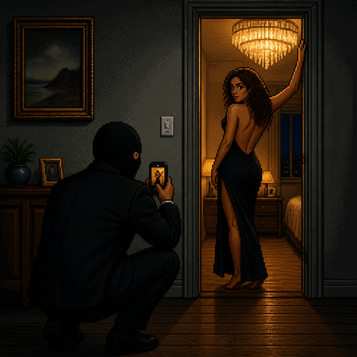 interior hallway scene, dimly lit room in the foreground with framed painting on the wall, potted plant on a wooden console table, small framed photo on the table, light switch on wall, man wearing a tailored black suit and a plain black balaclava-style mask covering his entire head and face, two simple round eye holes, crouched in the foreground with back to camera, holding up a phone to take a photo, phone screen glowing, tan-skinned Hispanic woman with curly brown hair standing in an open doorway beyond him, wearing a black backless dress with a high leg slit, one arm raised resting on the doorframe, warm golden light from a crystal chandelier glowing behind her, glimpse of a nightstand and window in the room behind her, cool grey-toned hallway in the foreground contrasting with warm amber light in the doorway, wood floor, dramatic side lighting, moody shadows, 16-bit pixel art, dithered shading, limited color palette, hard pixel edges, retro game aesthetic, cinematic framing