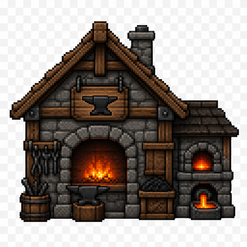 Can you generate me a fantasy style medieval 64x64 pixeled blacksmith shop front view on a completely transparent background. I want the forge to be stone with small wooden details, as well as have a little forge and smelter section on the side of it. 