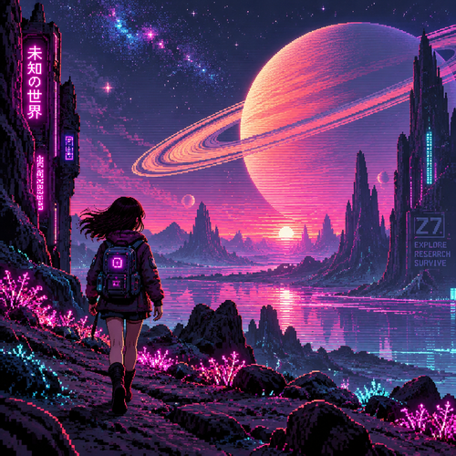 Young girl walking on an alien planet with saturn rising behind her