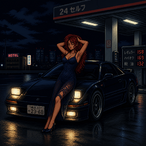 nighttime gas station scene, dark sports car parked under dim lighting, woman with long red hair leaning back against the hood, arms raised running her hands through her hair, wearing a fitted lace dress in deep navy blue, dramatic headlight glow illuminating her silhouette, cool dark tones with warm highlights from the car's lights, moody nighttime atmosphere, 16-bit pixel art, dithered shading, limited color palette, hard pixel edges, retro game aesthetic, cinematic framing