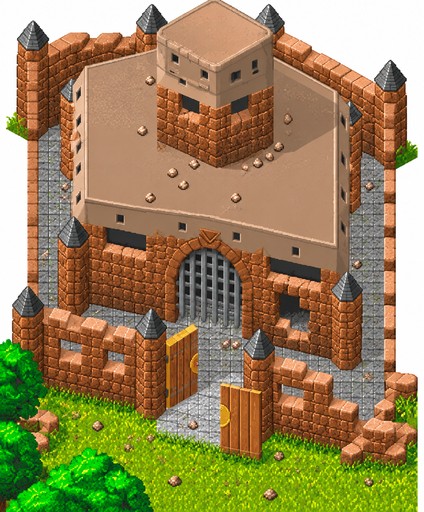 Pixel art medieval stone castle with towers, wooden gates, and green trees