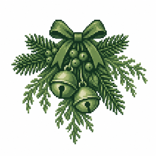 A compact Christmas swag with fir tips, cedar fronds, and attached brass bells. White background 
