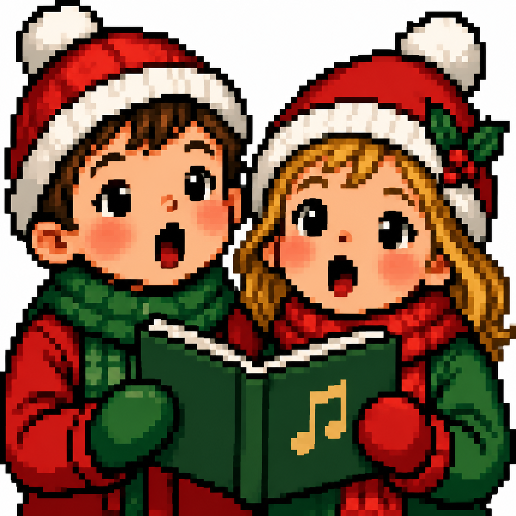 Close up of two small children Christmas caroling. High contrast image. White background.