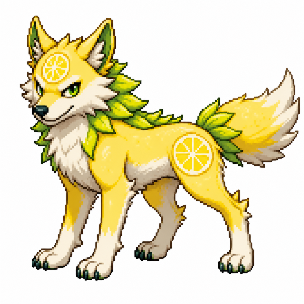 Cartoon lemon wolf (quadruped), full body, white background