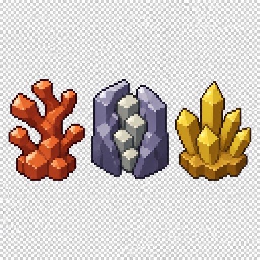 Pixel art sprite sheet of 3 cozy, charming game inventory icons in a row, each 32x32, on a transparent background, chunky cute proportions, angular faceted shapes with no circles, no round blobs and no oval forms, every item looks like a little treasure. Crisp 1px dark outline, flat color bands with no gradients, no dithering, no anti-aliasing, no sparkle stars, no dot patterns, light coming from the top-left, a bright edge along the top-left faces, darker lower-right faces, one glossy single-pixel shine on every shiny face. The three icons must have completely different silhouettes and structures, nothing shared. Icon 1, Copper Ore: a branching piece of native copper shaped like a small chunky twisted tree or coral, with thick angular branches reaching up and to the sides from a jagged copper base, each branch ending in a flat-cut tip; copper colors #2e0708 outline, #801b18 shadow, #ad3e23 mid, #e6783c light, #ffdab7 shine. Icon 2, Iron Ore: a tall, blocky, square-cornered rock cracked open down the middle like a geode, the two halves slightly apart showing a silver iron core of stacked cube-shaped facets inside; rock colors outline #2a2740, #403b5c #5a5677 #7b7798 #a09cba, highlight #d0cee0; iron colors #747a85 shadow, #979e99 mid, #cecbb6 light, #e4e0ca shine. Icon 3, Sulfur: a spiky upward cluster of 5 chunky pointed yellow sulfur crystals of different heights fanning out like a tiny crown, sitting on a flat jagged crumbly yellow-brown crust, no grey stone; sulfur colors #261606 outline, #693d13 crust, #915b1c shadow, #bf9128 mid, #d9c23a light, #ffd26e shine. Use only these exact hex colors.