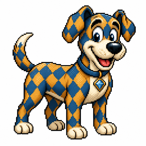 Cartoon dog with diamond patterned fur, full body, white background