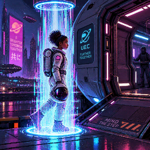 Young girl astronaut with dark skin is transpoting onto a ship