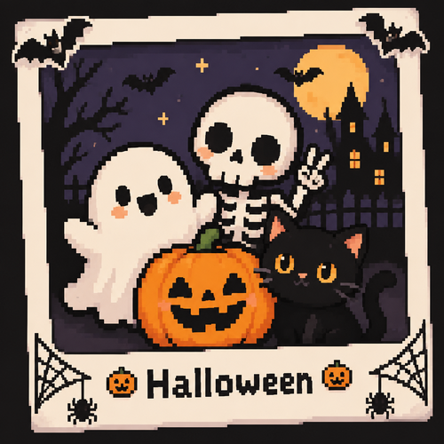 Cute kawaii Polaroid of a ghost, skeleton, jack-o’-lantern, black cat. With bats on the corners and spiderwebs. Bottom of Polaroid should say Halloween.
