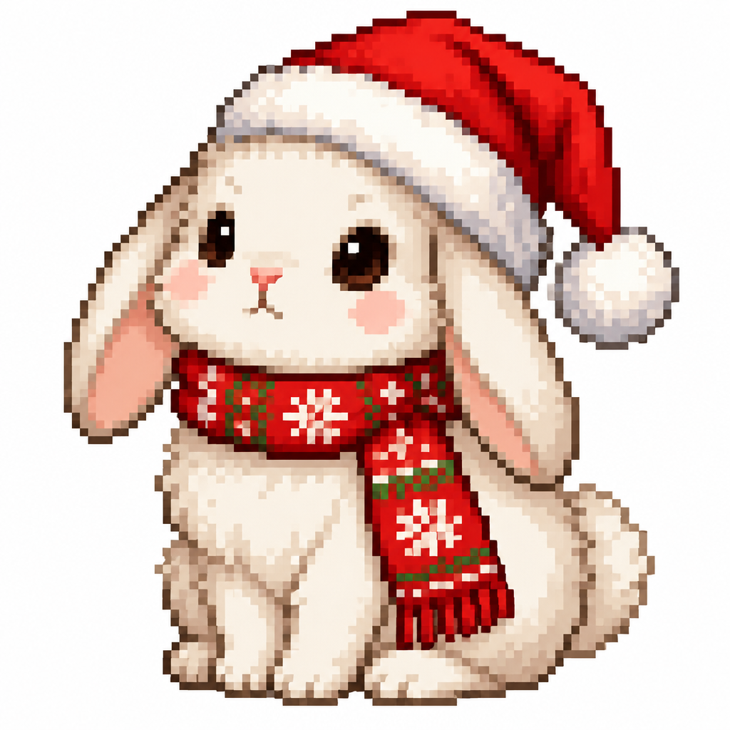 Image of a fluffy bunny, and a Christmas scarf and Christmas Hat. White background high contrast.