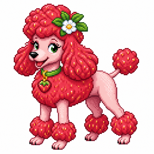Cartoon strawberry poodle, full body, white background