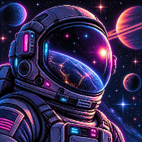Close up of an astronaut with helmet on surrounded by stars and planets.
