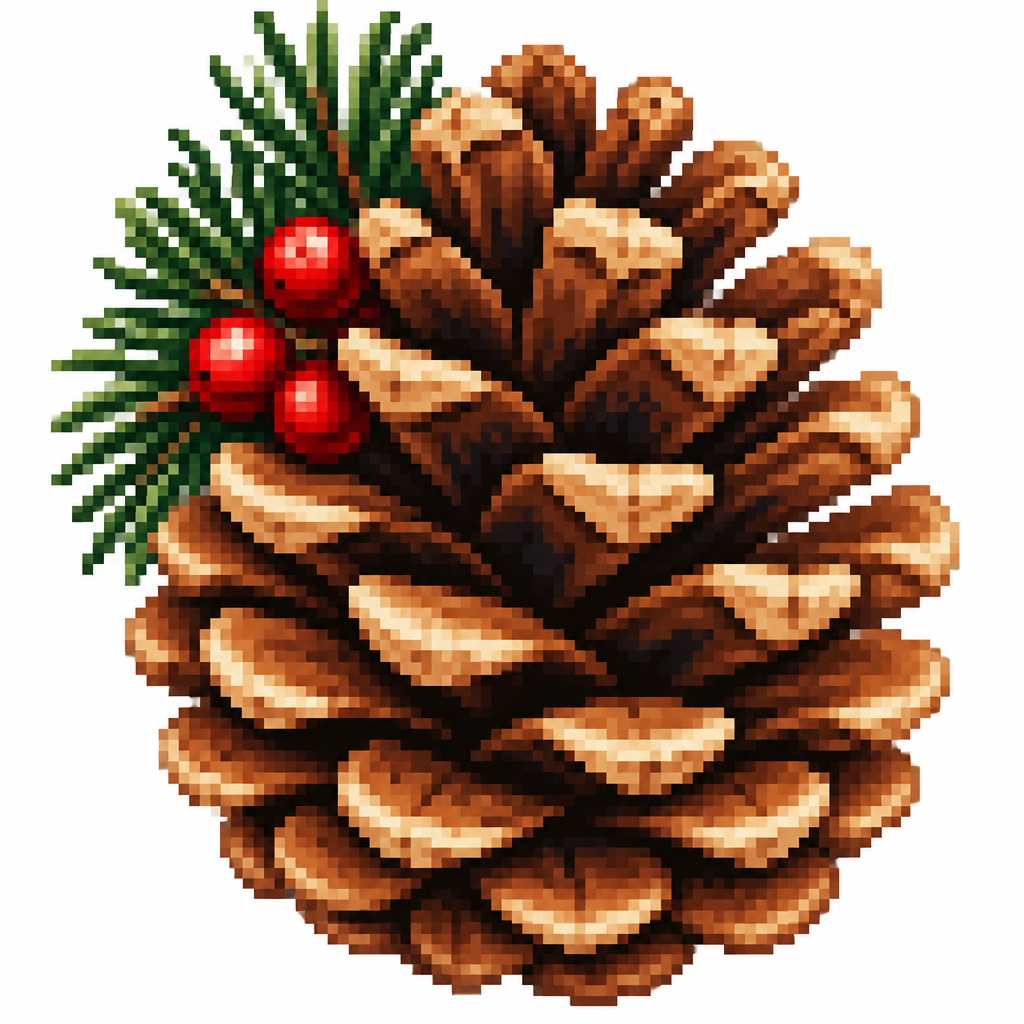 Close up image of a Christmas pinecone. High contrast white background.