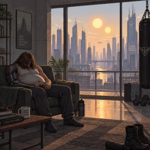 A retired supersoldier in his 40s (getting fat) is sleeping on a couch in a sitting position. His long hair covers his face. The apartment is sparesly decorated and has a punching bag. Through big windows we see a modern city in the morning light of two suns.