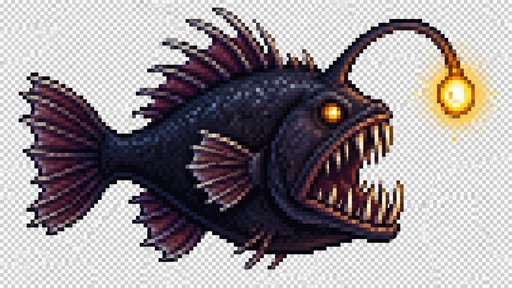 Create a 2D pixel art sprite of a dark anglerfish for a cozy fishing game.
Style: retro pixel art, crisp edges, transparent background, side view, facing right.
Design: deep-sea black anglerfish with glowing lure, sharp teeth, dark body, eerie but appealing game-art style.
Make the glowing lure clearly visible.
Readable silhouette, not too realistic.
No text, no frame, no background scenery, no UI.
Transparent background only.