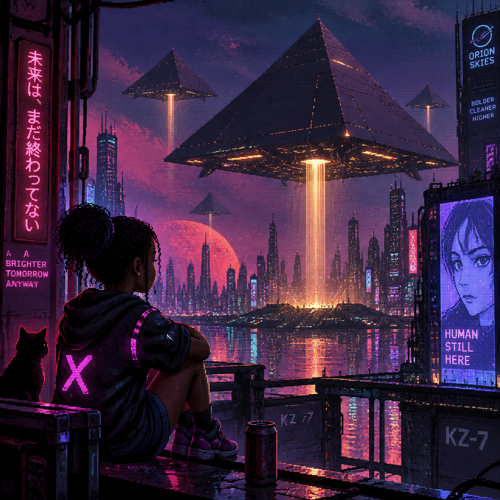 A young girl with dark skin watches pyramid starships landing