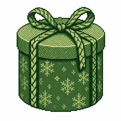 Realistic cylindrical Christmas gift box with a textured lid and braided ribbon. White background 
