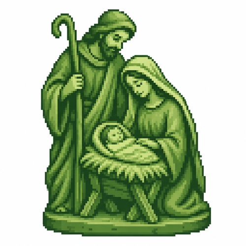 Realistic carved nativity sculpture combining Mary, Joseph, and the manger into one focal group. White background 
