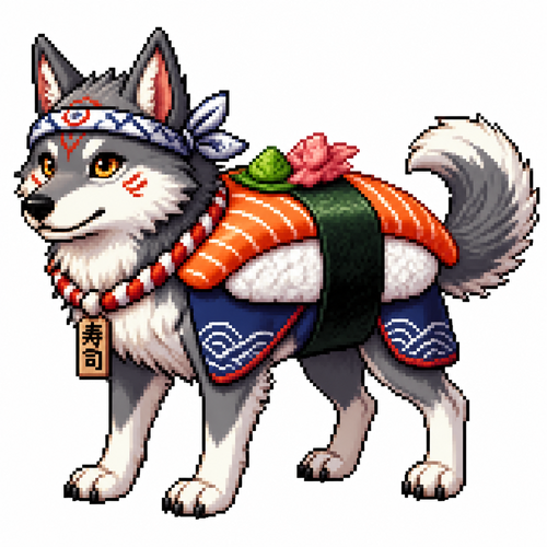 Cartoon sushi wolf (quadruped), full body, white background