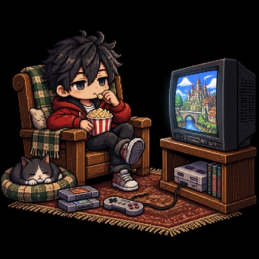 A cute chibi character in classic 16-bit pixel art style, inspired by nostalgic 1990s MMORPG games. A black-haired character wearing a red jacket sits lazily in a wooden armchair, watching an old CRT television and holding a bucket of popcorn. Relaxed half-closed eyes, detailed pixel shading, chunky crisp pixels, limited retro color palette, black background, full-body composition, cozy gaming atmosphere. No text, no blurry pixels.