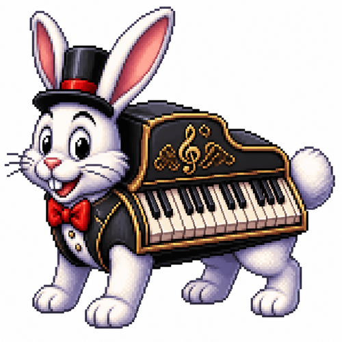 Cartoon piano rabbit (quadruped), full body, white background
