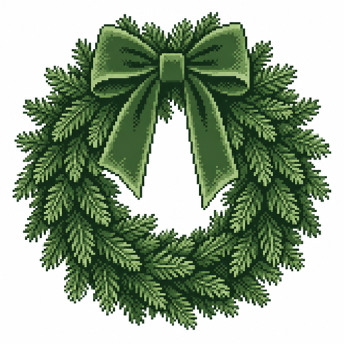 A dense fir wreath with layered needles and one oversized velvet bow. White background 