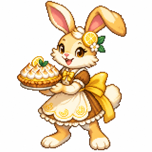 Cartoon lemon meringue pie rabbit, full body, white background