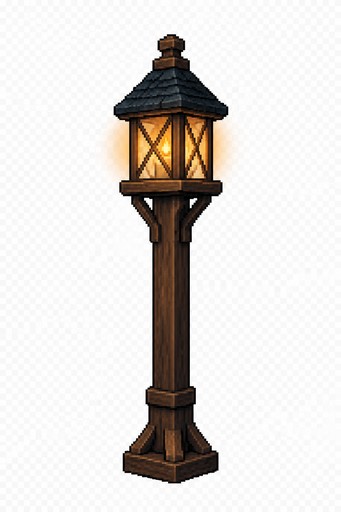 Create the exact same wooden yard lamppost as before — same post 
shape, same integrated lantern housing, same proportions and 
silhouette — but now the lantern is lit: warm flickering candlelight 
glowing inside the glass panels at the top, casting a soft warm halo 
of light around the lamp head that contrasts against the cold blue 
palette, with a faint warm glow reflecting slightly down the top of 
the wooden post. Isolated object, same framing and size as the 
previous image. Fully transparent background (real alpha channel, not 
white, not checkered).