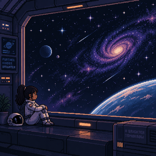 Pixel art of a young girl on a spaceship watching stars go by the window. With dark hair in a pony tail and brown skin. She is wearing a spacesuit. She looks peaceful. The window should be huge and she is smaller in the frame. Loop the video. The style should be similar to the art here: https://www.capcut.com/resource/pixel-art-background