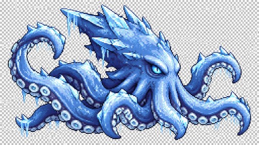 Create a 2D pixel art sprite of an icy kraken for a cozy fishing game.
Style: charming retro pixel art, crisp edges, no anti-aliasing, transparent background.
View: side view, facing right.
Design: a legendary frozen kraken with thick tentacles, icy blue body, pale cyan highlights, sharp glowing eyes, and subtle frost-like details.
Silhouette must be bold and easy to read.
Keep it cute-game friendly but powerful and mythical.
No text, no frame, no background scenery, no UI.
Transparent background only.