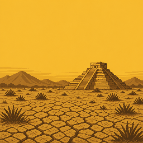 flat matte illustration, midday heat haze over a Mesoamerican step-pyramid in a dry scrubland
valley, strictly limited color palette (2-3 tones maximum): mustard and espresso brown only,
no other hues, cracked earth foreground, no water, empty of people and animals, large open
sky, no text
