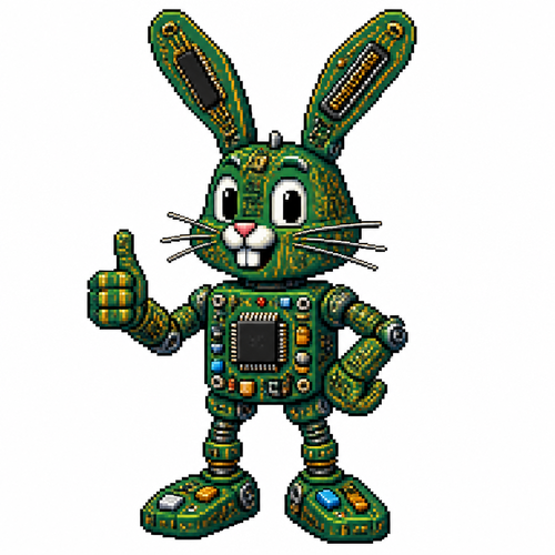 Cartoon circuit board rabbit, full body, white background