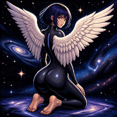 Pixel art style illustration of a woman with short dark blue-black bob hair, pale skin, and intense eyes looking back over her shoulder. She is kneeling on both knees in outer space, body angled away from the viewer, wearing a tight form-fitting black bodysuit that clings to her curves. Large detailed white feathered angel wings extend from her back. She is barefoot. The background is deep space with countless stars surrounding, soft cosmic light illuminating her figure and wings. High detail pixel art, dramatic lighting, cinematic composition.