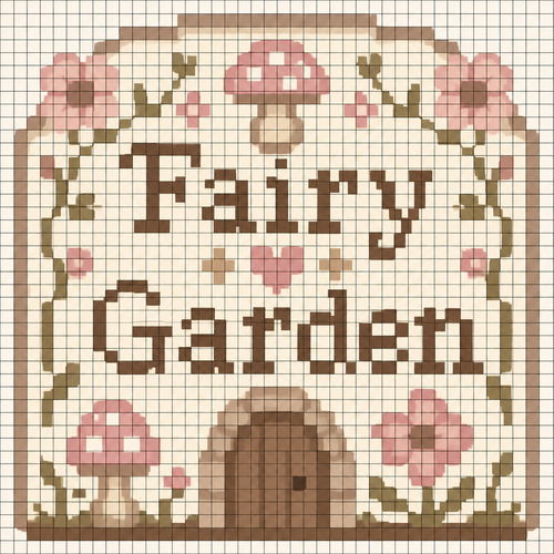 32x32 that says Fairy Garden in beige, brown, pink neutral colors. Keep each pixel one color and overlay a grid so I can see each pixel 