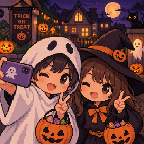 Cute kawaii Halloween imagery of two kids in costumes taking a selfie on Halloween 