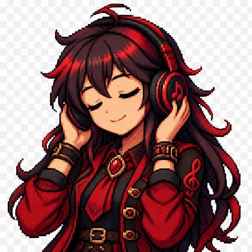 16-bit anime JRPG pixel art, half-body character portrait, cute stylish music mascot wearing large over-ear headphones, both hands gently holding the headphones near the ears, eyes closed with a happy peaceful smile, enjoying the music, relaxed cheerful expression, slightly tilted head, dark hair with red highlights, red and dark crimson outfit, dominant red color palette, black and deep red headphones, clean pixel-art outlines, crisp individual pixels, limited color palette, detailed face and hair, subtle 16-bit pixel shading, soft highlights, charming modern game character design, centered composition, front-facing 3/4 view, transparent background, high quality pixel sprite, no text, no realistic rendering, no gradients, no photorealism