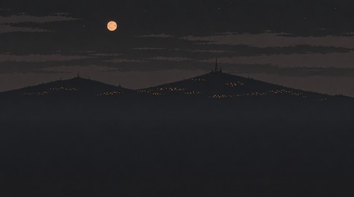 Pixel art of dark mountain silhouettes beneath a dusky sky and glowing sun