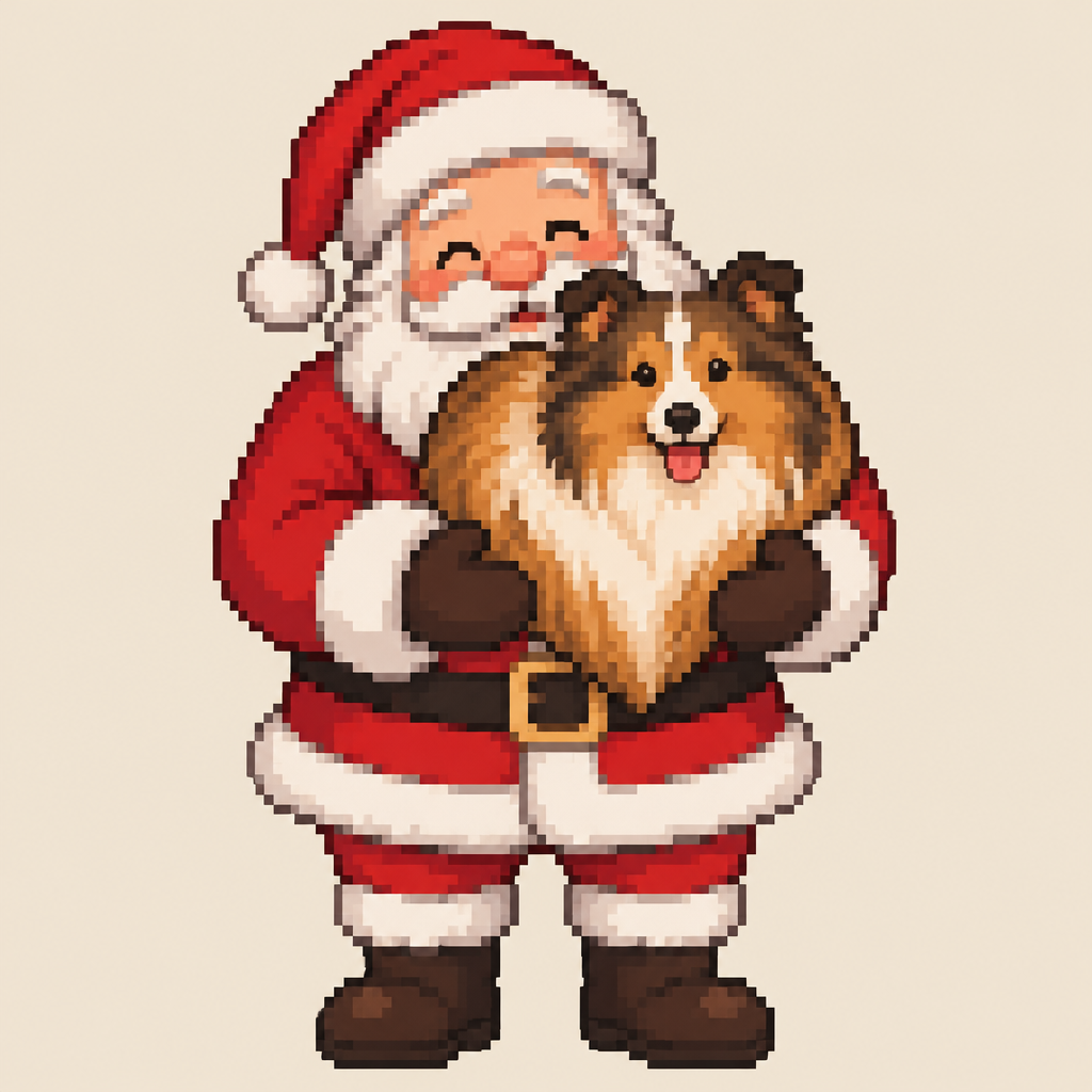 Santa holding a heart shaped collie. Plain background