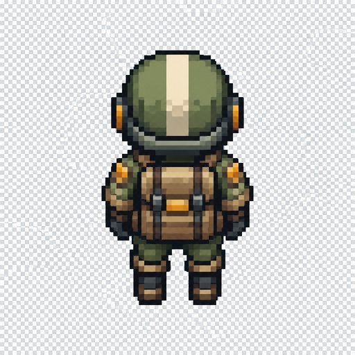 32x32 pixel art, strict top-down view, small tactical explorer, visible helmet and backpack, full body, facing north, symmetrical proportions, clear silhouette, limited color palette, crisp pixels, no perspective, no isometric view, transparent background, game sprite