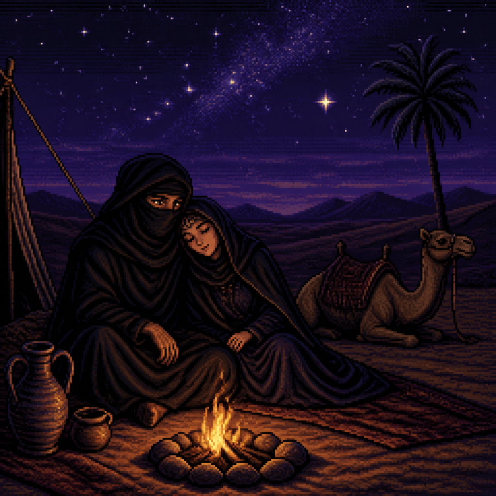 desert campsite at night, small fire glowing warm orange against a deep purple starry sky, distant dunes and a single palm tree, man in a black hooded cloak with a simple black face wrap, only his eyes visible, sitting close beside a woman in a dark cloak, her head resting on his shoulder, camel resting nearby in the background, warm firelight contrasting with the cool night tones, intimate quiet atmosphere, 16-bit pixel art, dithered shading, limited color palette, hard pixel edges, retro game aesthetic, cinematic framing