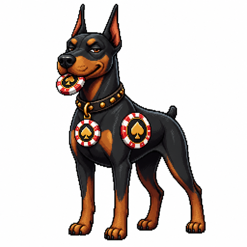 Cartoon poker chip doberman, full body, white background
